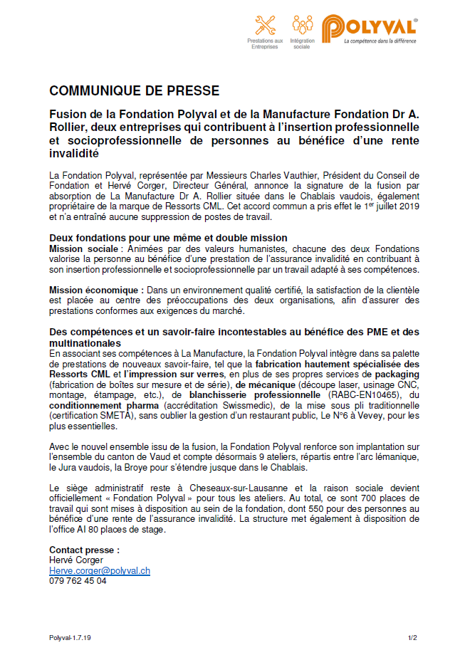 Communiqué de presse fusion Fondations Polyval et La Manufacture